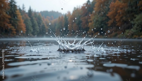 water, splash, droplets, reflection, lake, rain, nature, serene, landscape, ripples, autumn, trees, mist, calm, beauty, outdoors, tranquility, scenery, fluid, motion