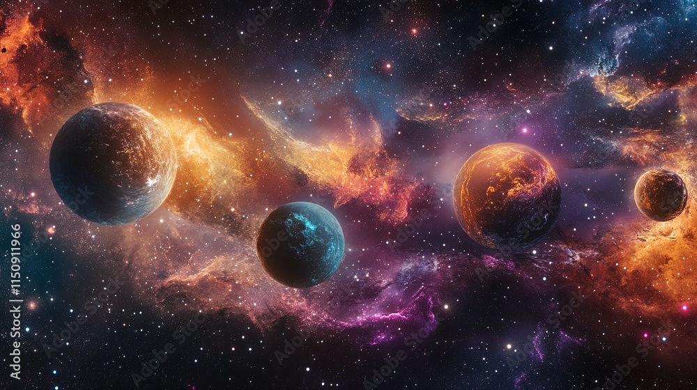 Obraz premium Cosmic Nebula With Planets And Stars In Deep Space