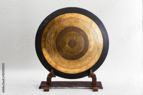Brass gong on wood stand with intricate design, adjustable legs, against white background  musical instrument concept.
