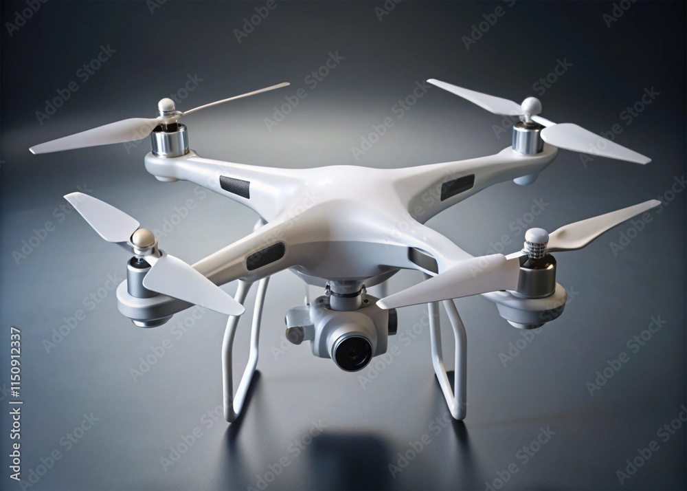 A white drone with four propellers and a camera mounted on the front view. isolated on gray background A white drone with four propellers and a camera mounted on the front view. isolated on gray background