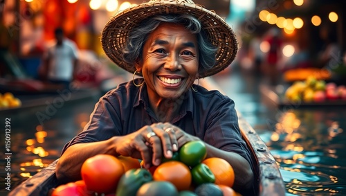 Fruit vendors row small wooden boats to sell in the floating market. photo