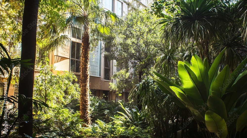 Big Plants and Trees with Small Accommodations in the Background, Creating a Cozy Outdoor Scene Big Plants and Trees with Small Accommodations in the Background, Creating a Cozy Outdoor Scene