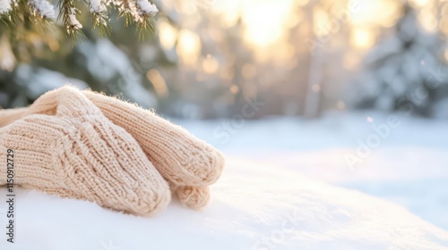 Warm mittens and scarves in a snowy landscape featuring cozy winter accessories in soft, neutral tones, embraced by frosty scenery. photo