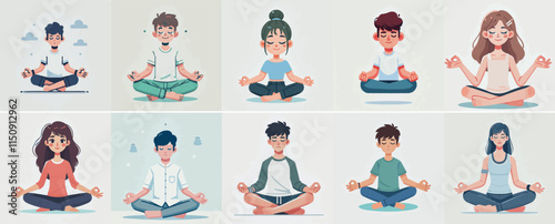 Vector set of a teenager doing meditation or relaxation with a simple flat design style