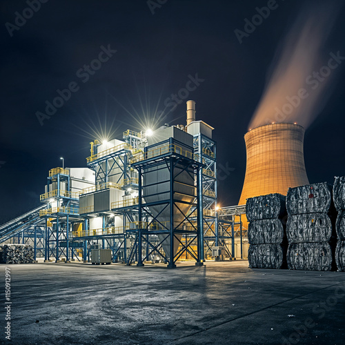 Nighttime View of Industrial Recycling Plant with Cooling Tower