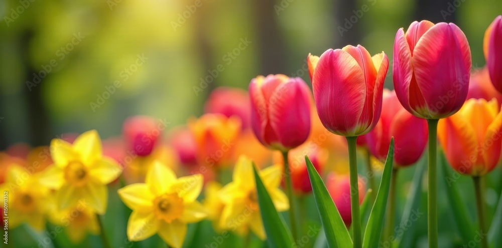 Vibrant tulips, daffodils burst forth in spring garden , growth, bloom, blossom Vibrant tulips, daffodils burst forth in spring garden , growth, bloom, blossom