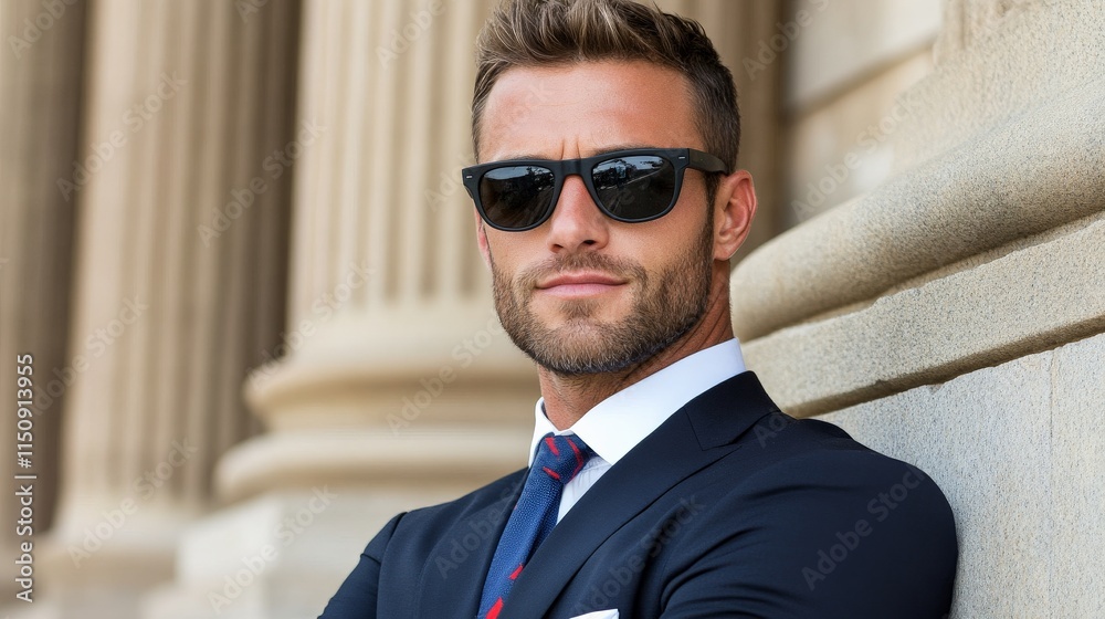 Confident Businessman: A portrait of a successful businessman wearing sunglasses, exuding confidence and authority. He stands against a classic architectural backdrop.