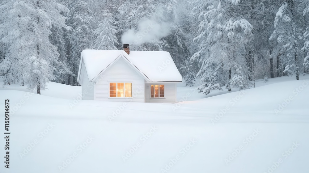Cozy cabin in the woods during winter surrounded by snow-covered trees, warm light glowing from the windows, smoke rising from the chimney, and a tranquil atmosphere. Cozy cabin in the woods during winter surrounded by snow-covered trees, warm light glowing from the windows, smoke rising from the chimney, and a tranquil atmosphere.