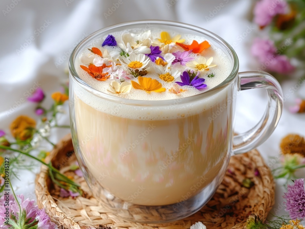 A beautifully crafted latte topped with colorful edible flowers, presented in a glass mug.