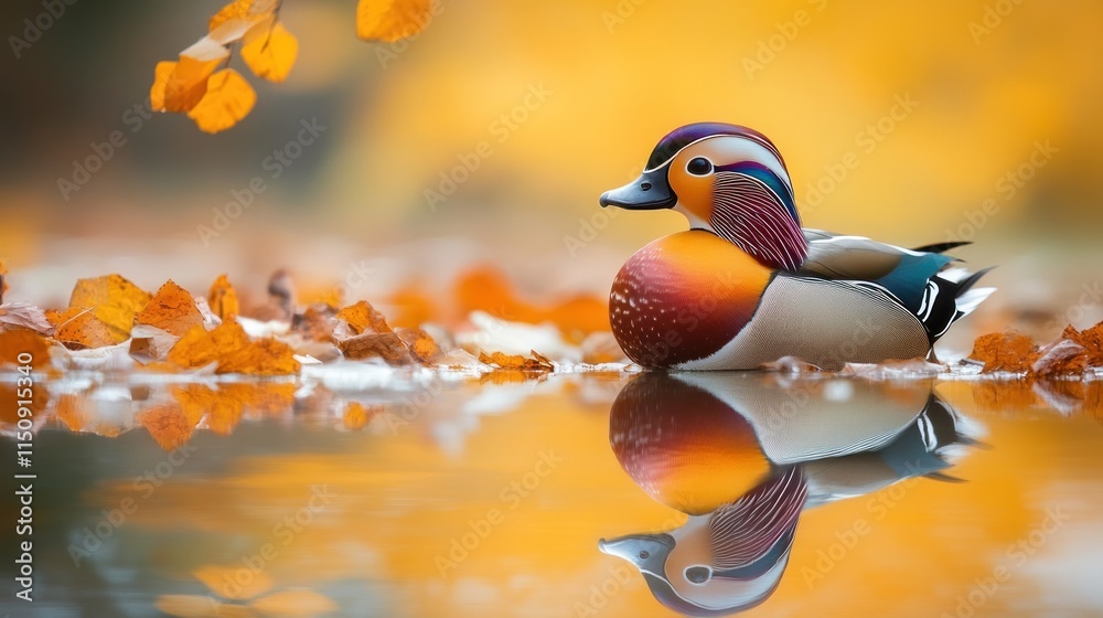 A colorful mandarin duck swimming in a serene pond surrounded by autumn leaves. A colorful mandarin duck swimming in a serene pond surrounded by autumn leaves.