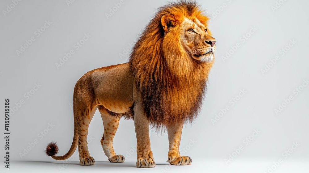 Fototapeta premium Majestic male lion standing, facing right, on a light gray background.