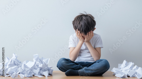 Overwhelmed by Failure: A young boy sits dejectedly amidst a pile of crumpled paper, his hands covering his face as he grapples with the weight of failure. photo