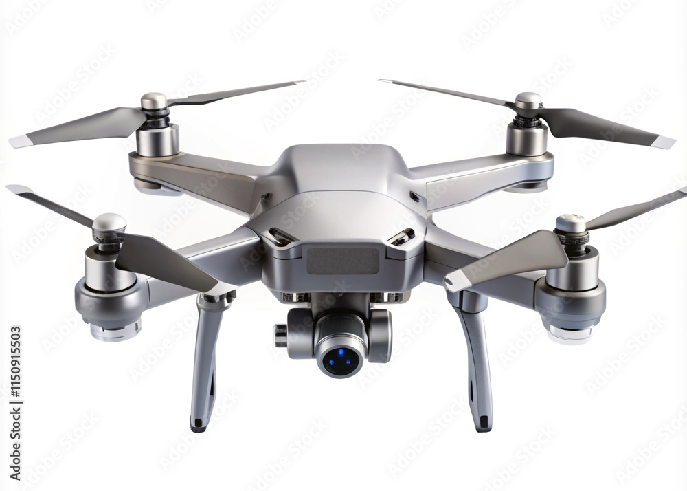 A black drone with four propellers and a camera mounted on the front view. isolated on white background A black drone with four propellers and a camera mounted on the front view. isolated on white background