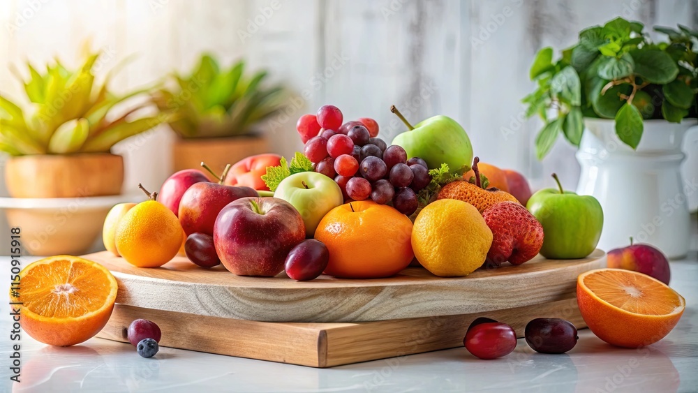 A vibrant assortment of fresh fruits displayed on a rustic wooden platter, showcasing a healthy and delicious variety A vibrant assortment of fresh fruits displayed on a rustic wooden platter, showcasing a healthy and delicious variety