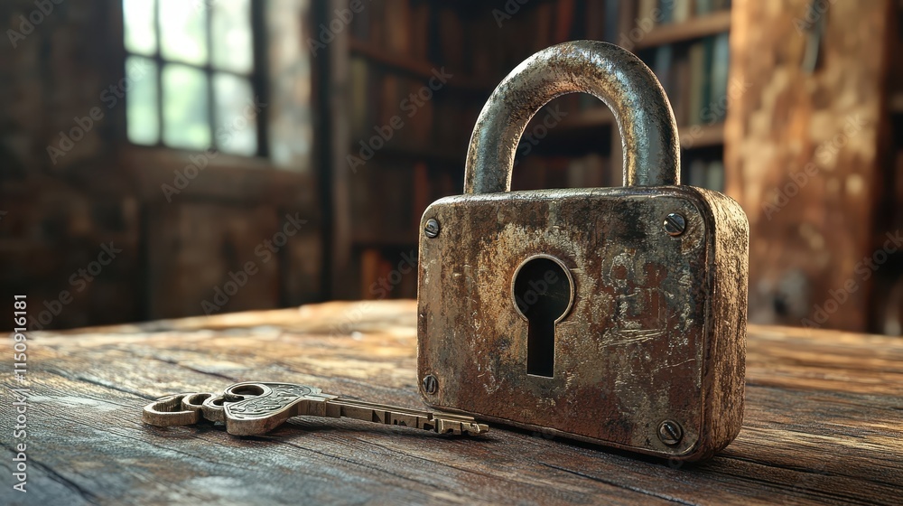 Image of a padlock and key symbolizing the safeguarding of personal information close up, focus on the lock on a wooden table, realistic, composite, with a library backdrop Image of a padlock and key symbolizing the safeguarding of personal information close up, focus on the lock on a wooden table, realistic, composite, with a library backdrop
