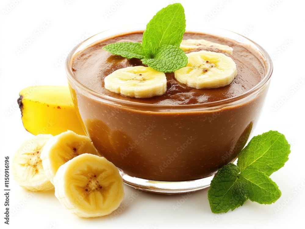 A bowl of chocolate mousse topped with banana slices and mint leaves. A bowl of chocolate mousse topped with banana slices and mint leaves.
