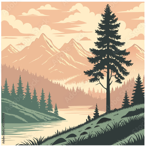 Snowy winter forest with trees and mountains in a peaceful natural landscape
