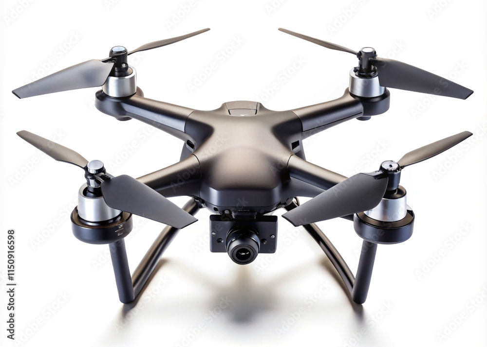 A black drone with four propellers and a camera mounted on the front view. isolated on white background A black drone with four propellers and a camera mounted on the front view. isolated on white background