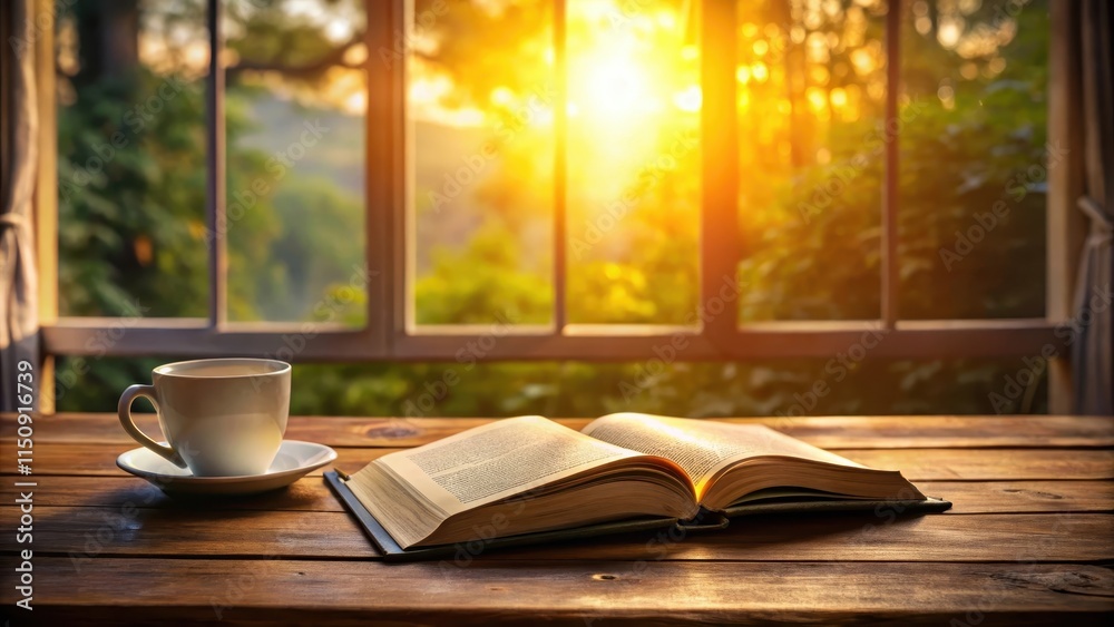 Morning Devotion with Open Bible on Wooden Table, Warm Light from Window , devotional time Morning Devotion with Open Bible on Wooden Table, Warm Light from Window , devotional time