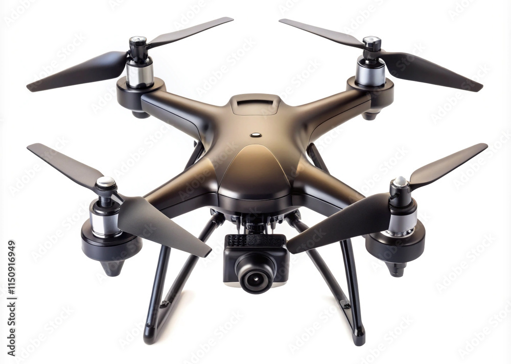 A black drone with four propellers and a camera mounted on the front view. isolated on white background A black drone with four propellers and a camera mounted on the front view. isolated on white background