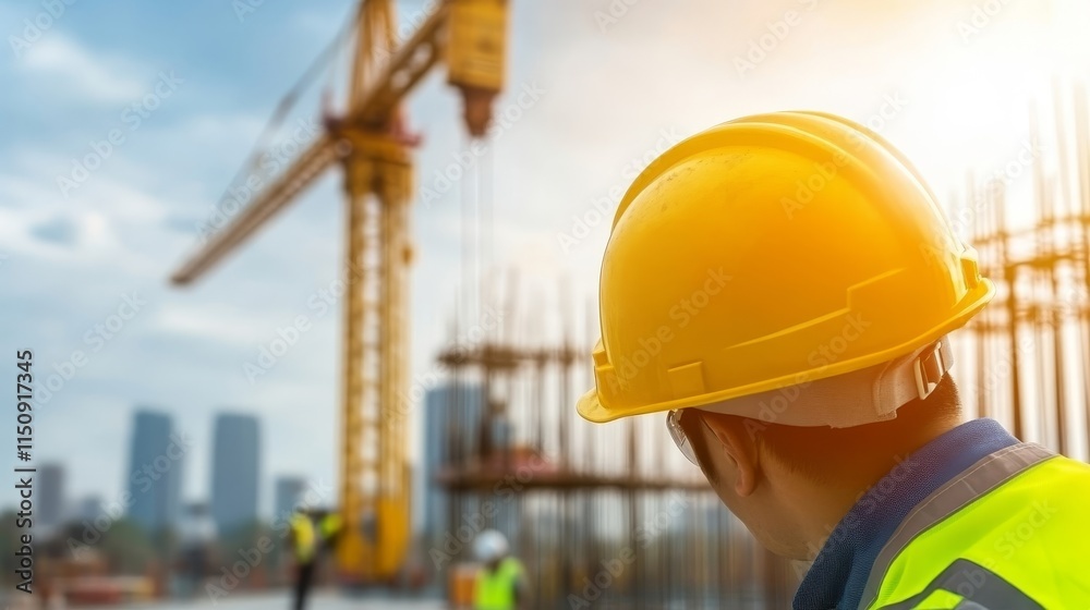 Construction Worker in Safety Helmet Overlooking Building Site with Crane and Steel Framework Under Blue Sky, Urban Skyline in Background
