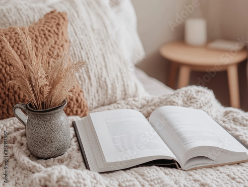 Open paper book on cozy and soft background with light wooden and knitted textures, minimal decor around, evoking a sense of calm and warmth. photo