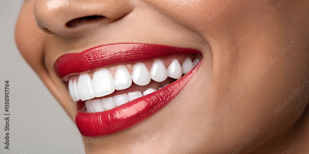 Obraz premium Bright smile with red lips: Close up of a woman showing a perfect white smile. Her teeth are flawless Dental care, Dentist