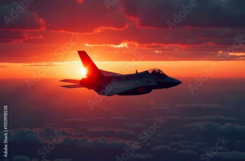 A sleek fighter jet flies gracefully against a backdrop of vibrant sunset hues, with clouds illuminated by the fading light. The scene captures the majesty and power of aviation. photo