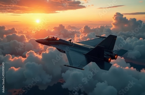 A military jet flies high above fluffy clouds, illuminated by a vibrant sunset. The aircraft's exhaust trails behind as the sun casts warm hues over the sky, creating a breathtaking atmosphere. photo