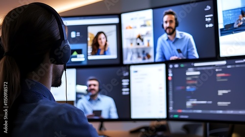 A man wearing headphones is looking at a computer screen with multiple monitors