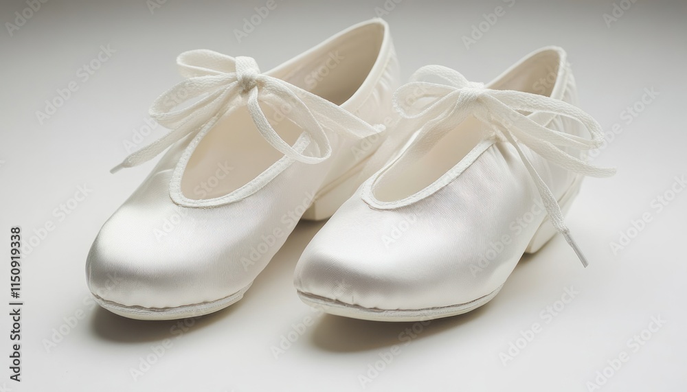 A pair of elegant white ballet shoes with ribbons, designed for dance performances. A pair of elegant white ballet shoes with ribbons, designed for dance performances.