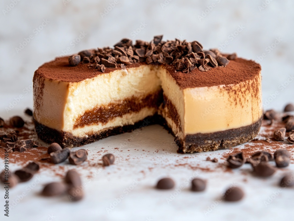 A decadent cheesecake with a chocolate topping, showcasing a rich, layered interior. A decadent cheesecake with a chocolate topping, showcasing a rich, layered interior.