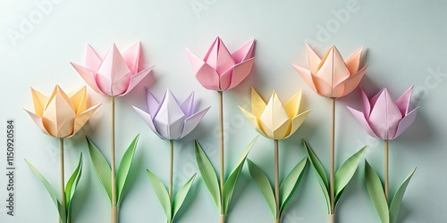 Delicate paper craft cut-out origami tulip flowers in pastel shades , cut out, flower