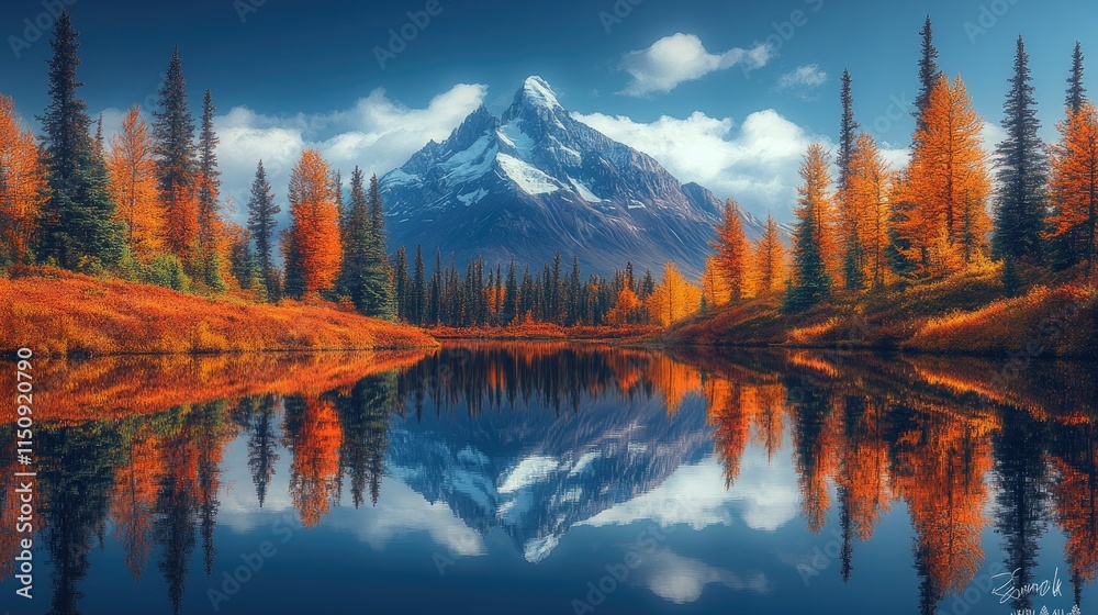 Serene autumn lake reflecting a snow-capped mountain and vibrant foliage.