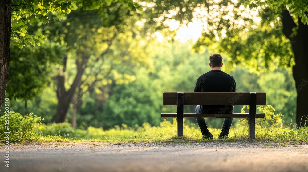 Solitary Man Sitting on a Park Bench Surrounded by Lush Green Trees and Nature, Enjoying Peaceful Moments in the Great Outdoors Solitary Man Sitting on a Park Bench Surrounded by Lush Green Trees and Nature, Enjoying Peaceful Moments in the Great Outdoors