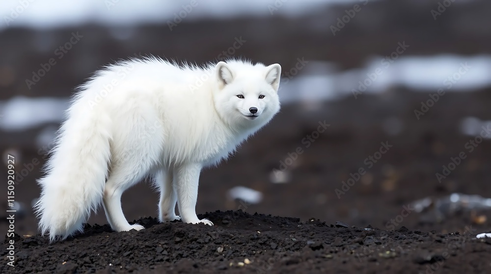 Fototapeta premium Arctic fox standing on rocky ground with snow in the background