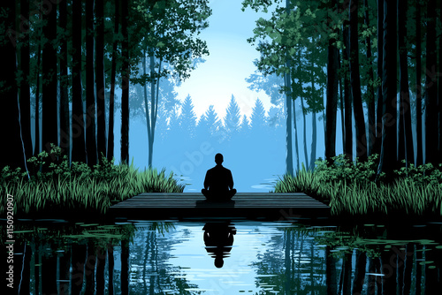 A man is sitting on a bridge in a forest. The man is in a meditative state, and the forest is peaceful and serene. The water in the background is calm, and the trees are tall and green