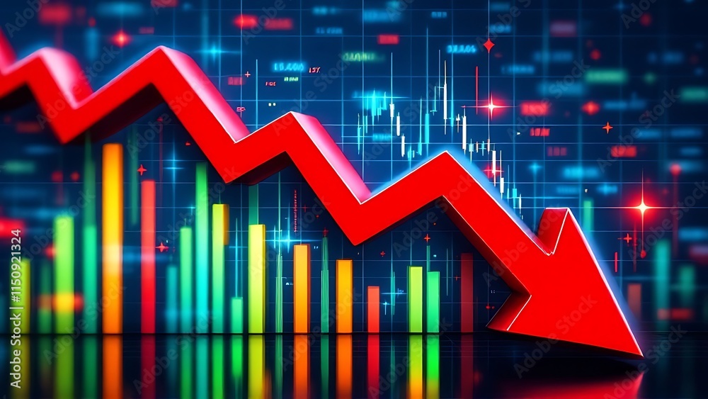 A large red arrow points downwards over a gridded financial chart showing a sharp decline in value, with the bars of the chart going from high to low. A large red arrow points downwards over a gridded financial chart showing a sharp decline in value, with the bars of the chart going from high to low.