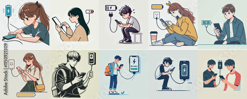 Vector set of a teenager is Recharging a Mobile Phone with a simple flat design style