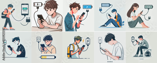 Vector set of a teenager is Recharging a Mobile Phone with a simple flat design style