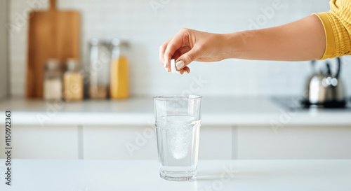 A hand drops an effervescent tablet into a glass of water on a kitchen counter. The setting is bright, featuring a modern kitchen with various utensils and containers in view.