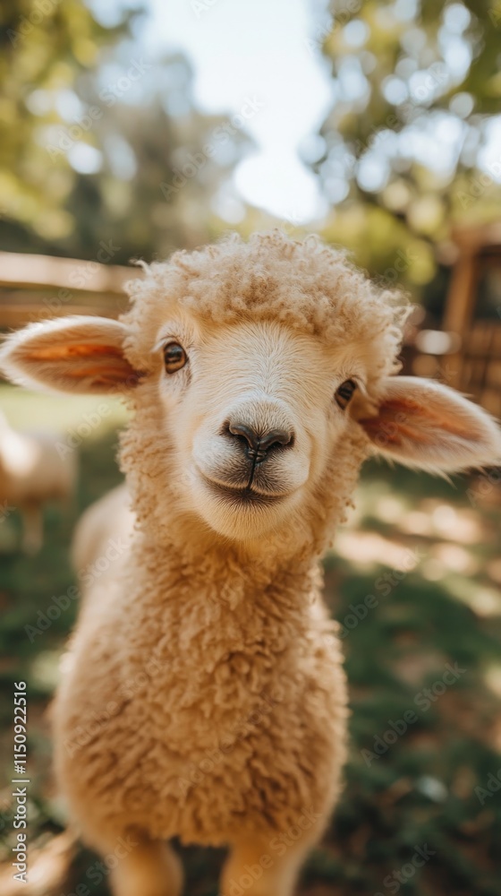Obraz premium A close-up of a fluffy, young sheep smiling in a natural setting.