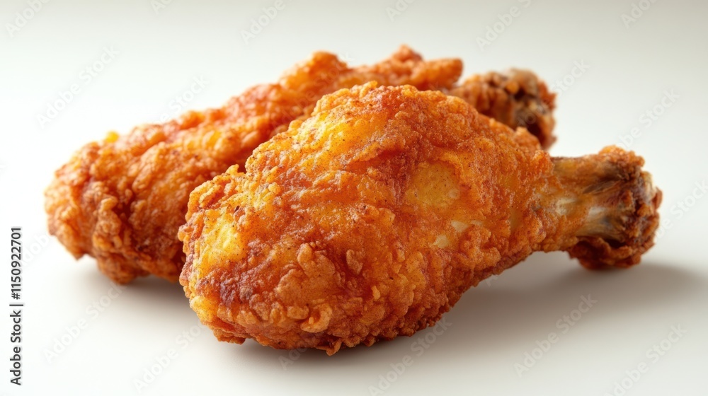 Three crispy fried chicken drumsticks on white background.