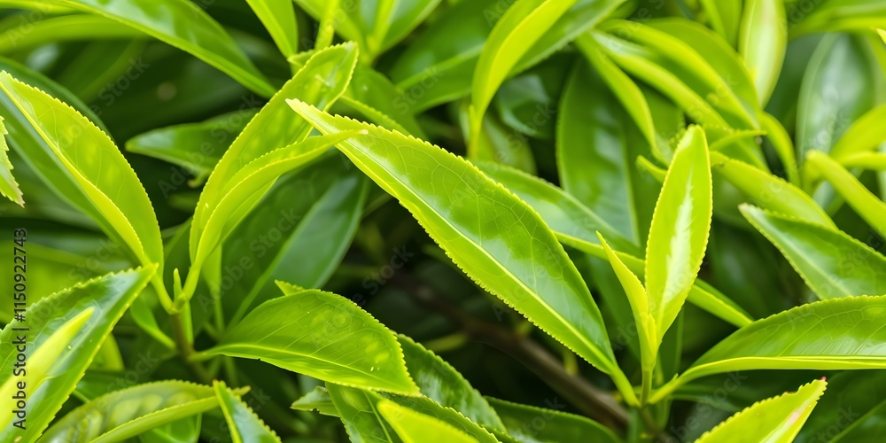 Fresh tea tree leaves in close-up, displaying their vibrant color and delicate texture against a soft background Fresh tea tree leaves in close-up, displaying their vibrant color and delicate texture against a soft background