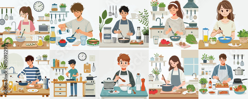 Vector set of a teenager preparing dinner in a simple flat design style