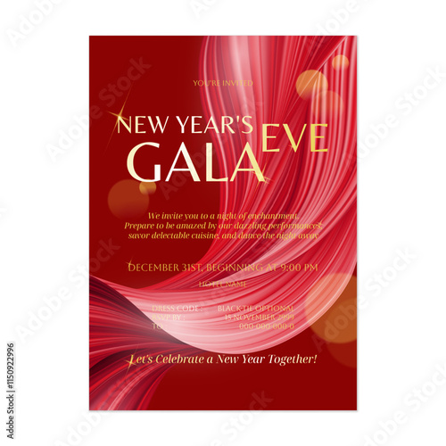 New Year eve gala invitation template features a flowing, abstract design in shades of red and gold, evoking a sense of excitement and energy