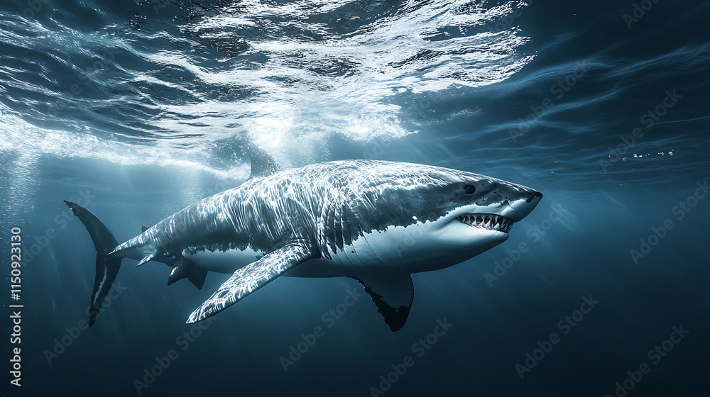 Fototapeta premium White shark swimming in the ocean near the coral reef