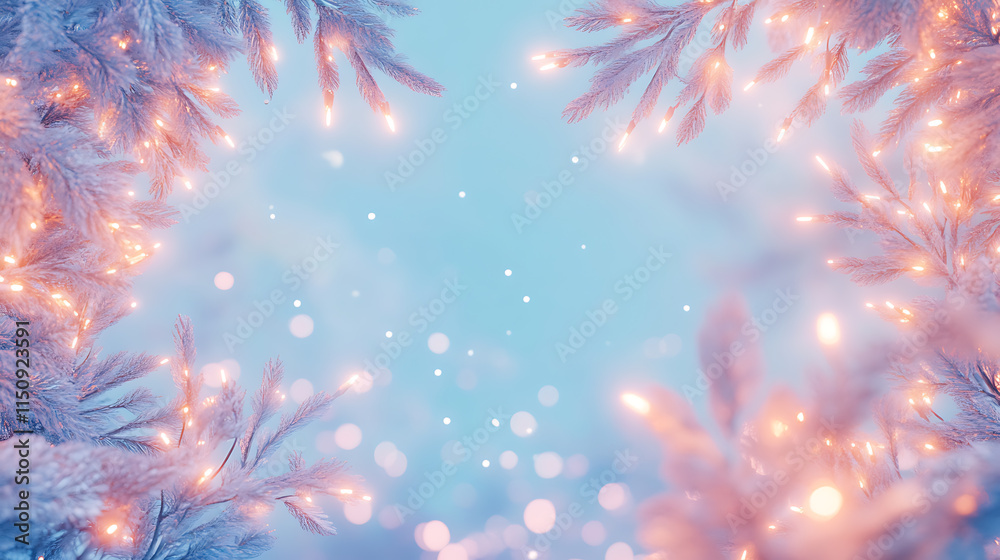 A festive winter scene blue background with glowing lights surrounded by snowflakes in a cold, snowy sky A festive winter scene blue background with glowing lights surrounded by snowflakes in a cold, snowy sky