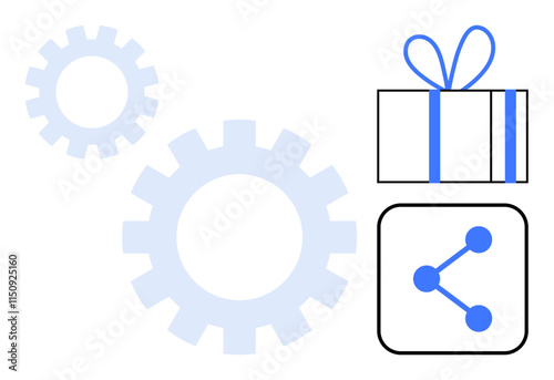 Gear wheels with gift box and share icon. Ideal for technology, connectivity, collaboration, software integration, gift sharing, automation, and process optimization concepts. Line metaphor