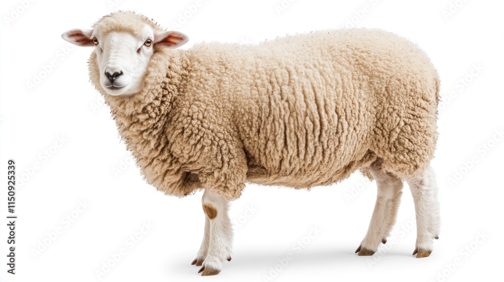 A fluffy sheep standing on a white background, showcasing its woolly texture. A fluffy sheep standing on a white background, showcasing its woolly texture.